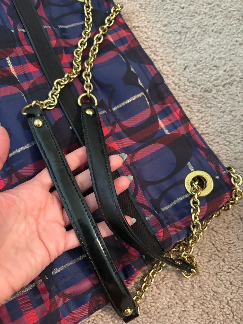 Coach Poppy Tartan Navy and Pink Plaid Signature Chain Slim Tote